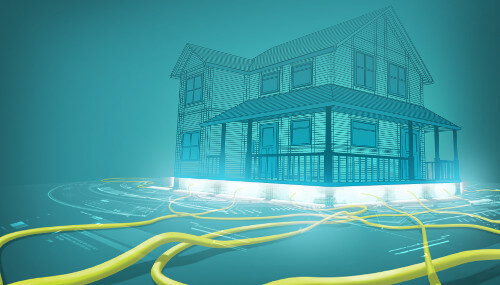 A digital representation of a house with yellow wires running to it